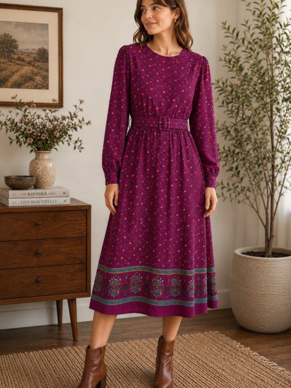 Vintage MALOUF Multicolor Prairie Boho Dress with Belt Tall Size 12